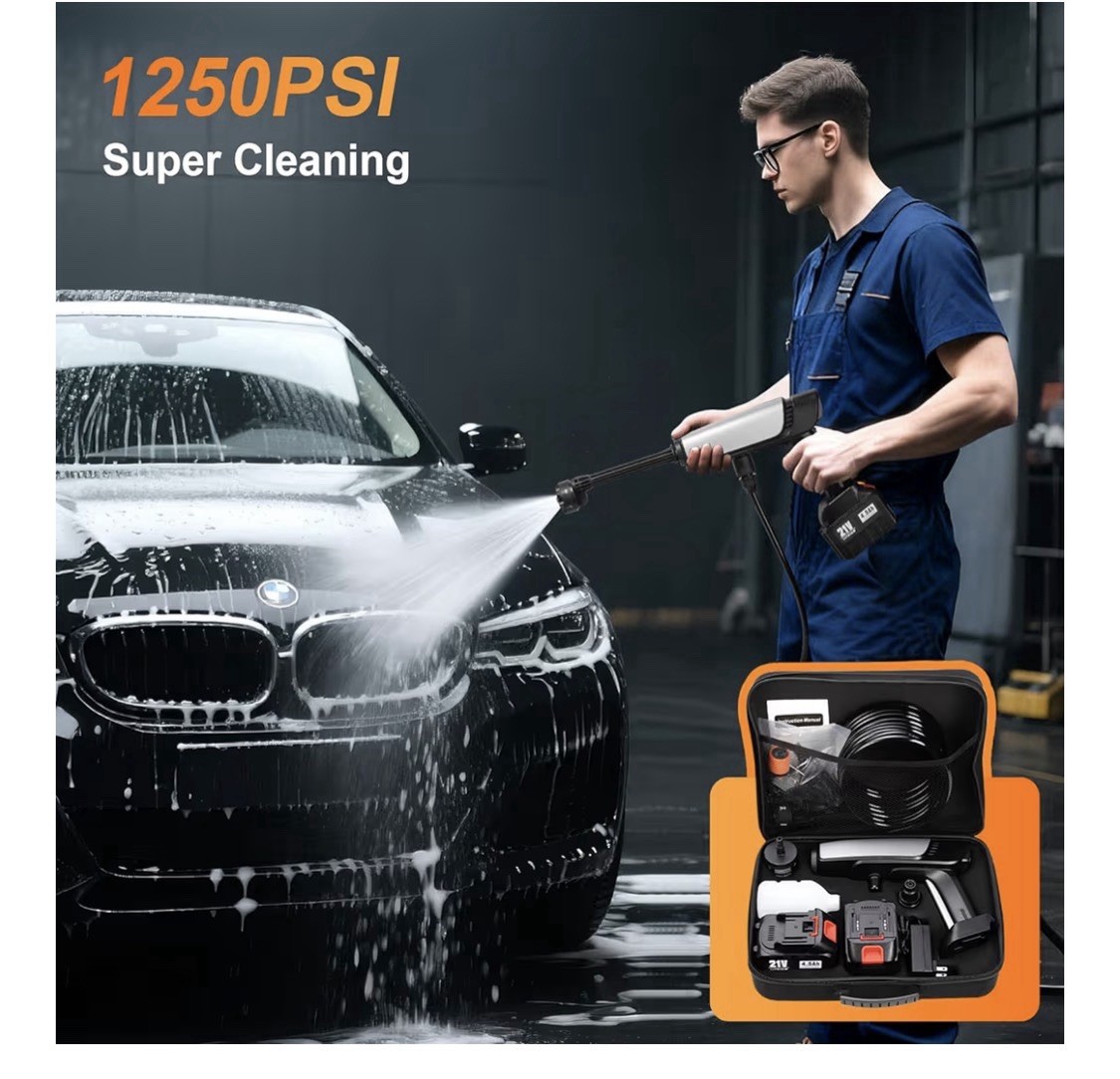 Cordless Pressure Washer 21V 1250PSI 6-in-1 Nozzle Brushless Motor Foam Cannon