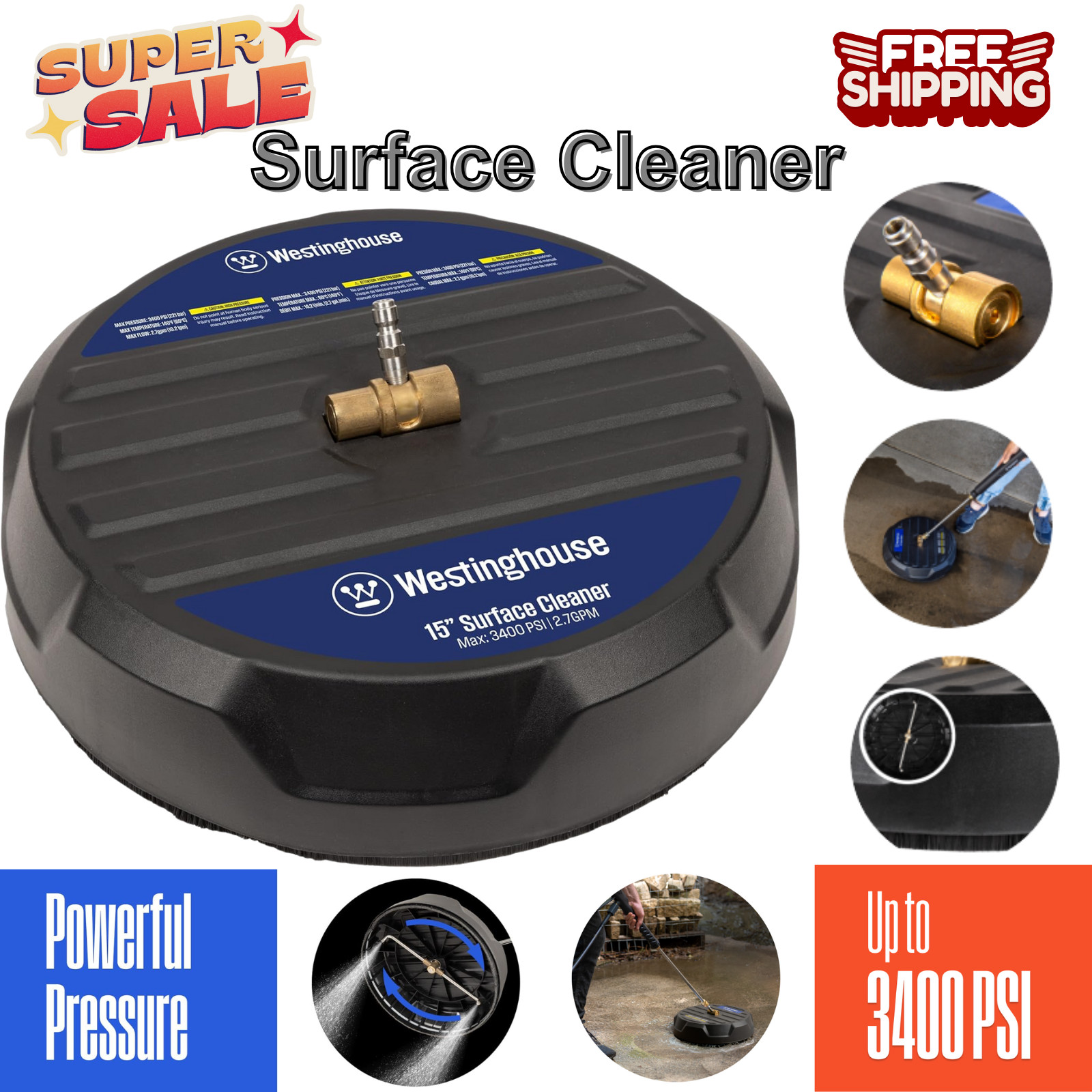 Universal 15in Pressure Washer Surface Cleaner, 3400 Max PSI With 1/4” Connector