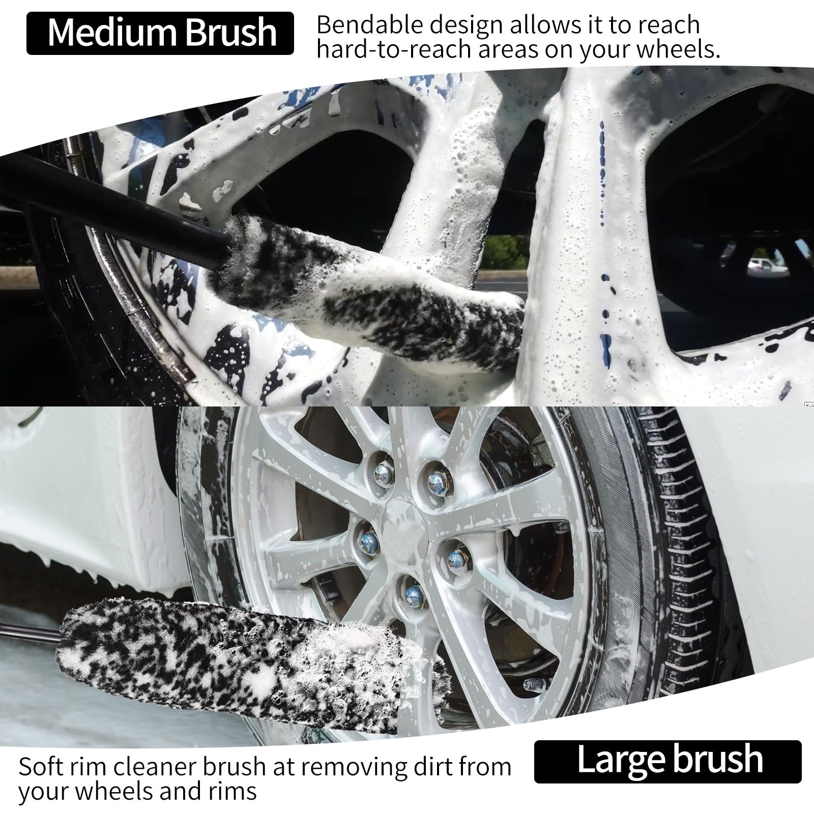 Bendable Wheel Brush Kits Soft Microfiber Cleaner Large, Black