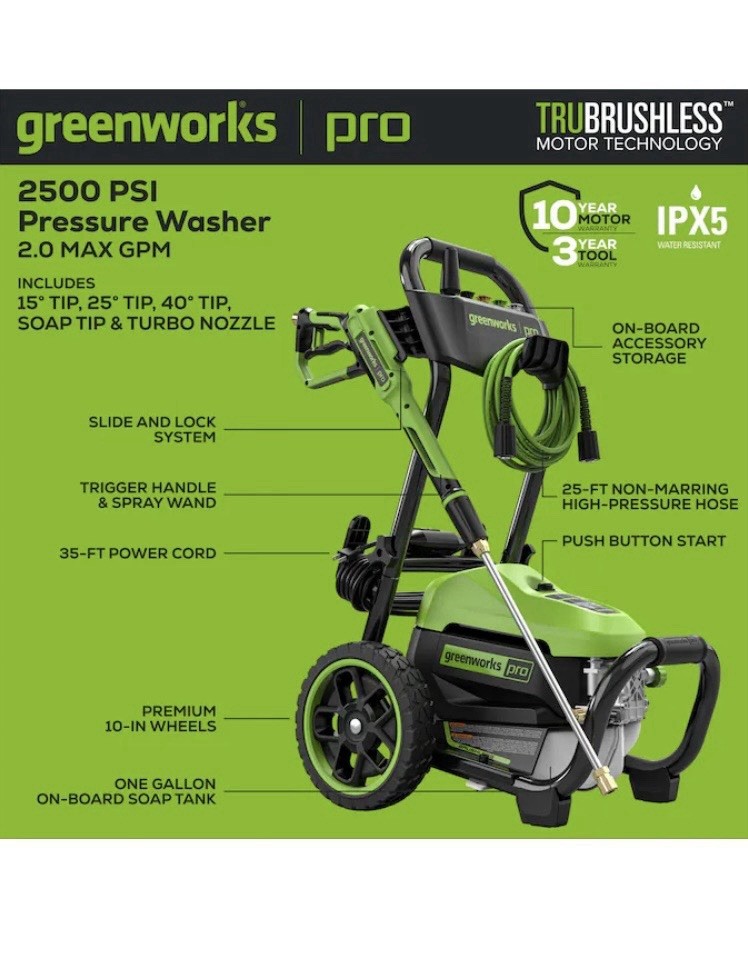 Greenworks Pro 2500 PSI TruBrushless Corded Electric Pressure Washer, Soap Tank