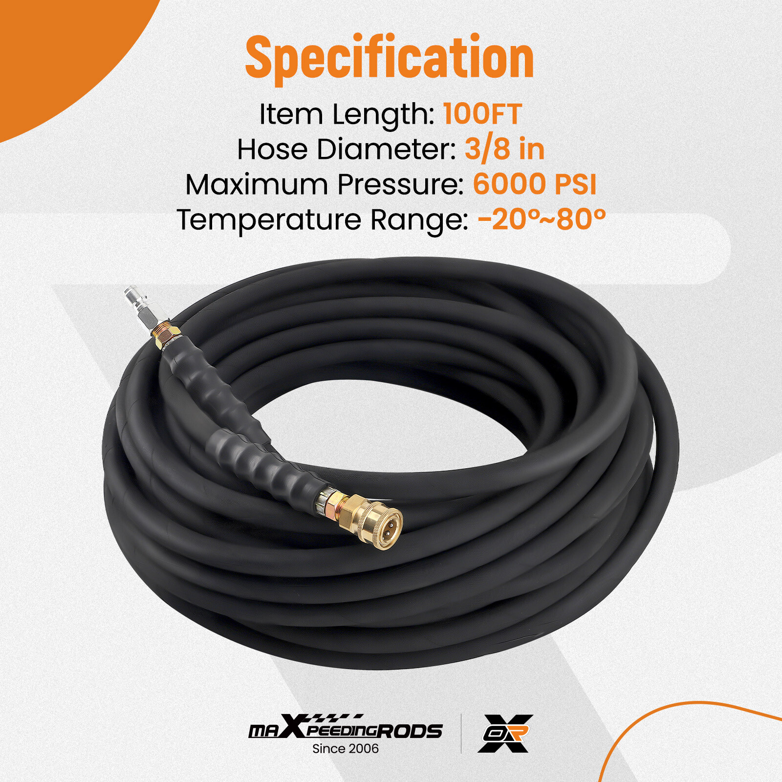 2 Wire Braid 6000psi HighTem Water Pressure Washer Hose Non-Marking 3/8″ x 100ft
