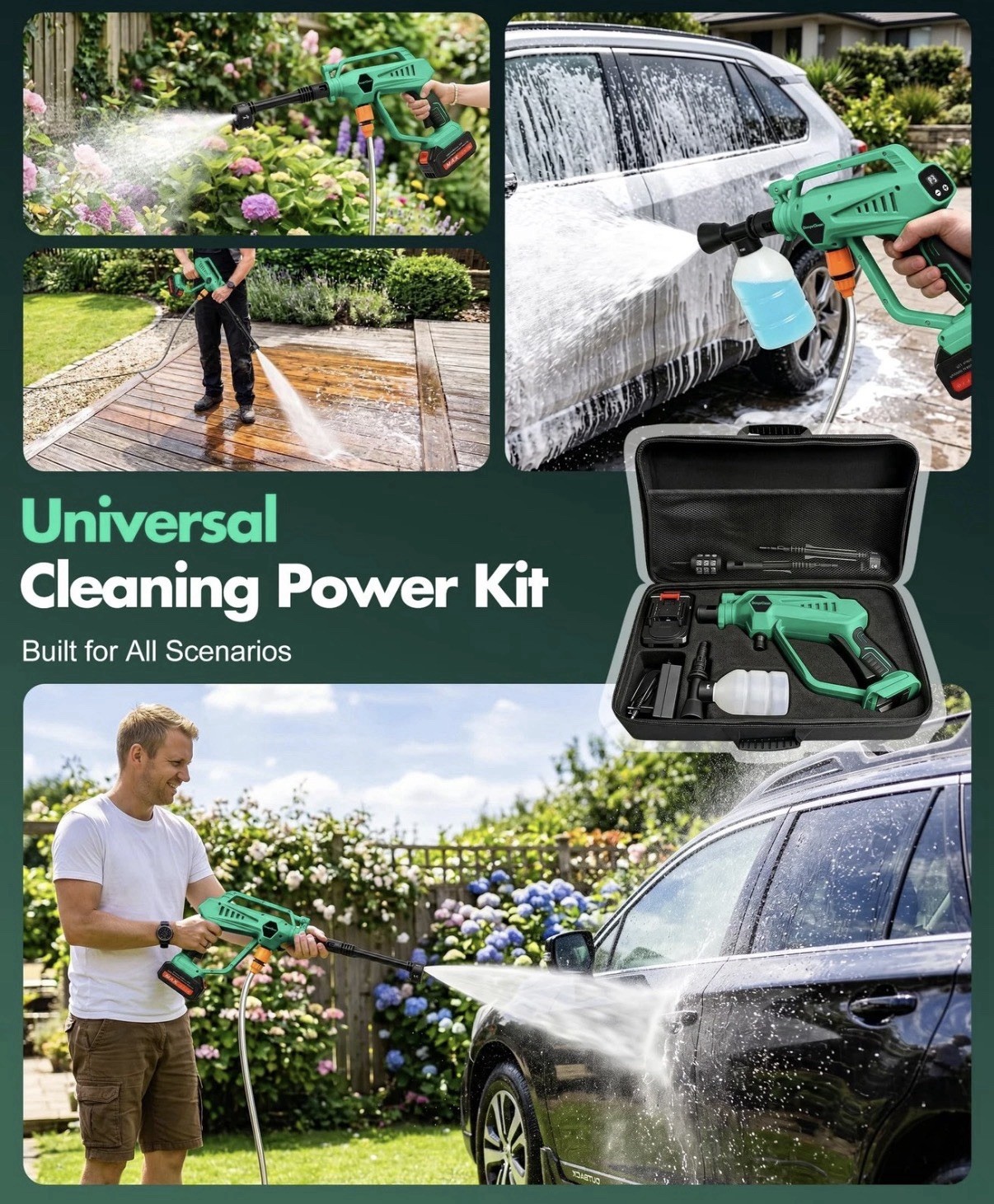 Cordless Car Washer & More Cleaning Gun w 6-n-1 Nozzle & Rechargeable Battery