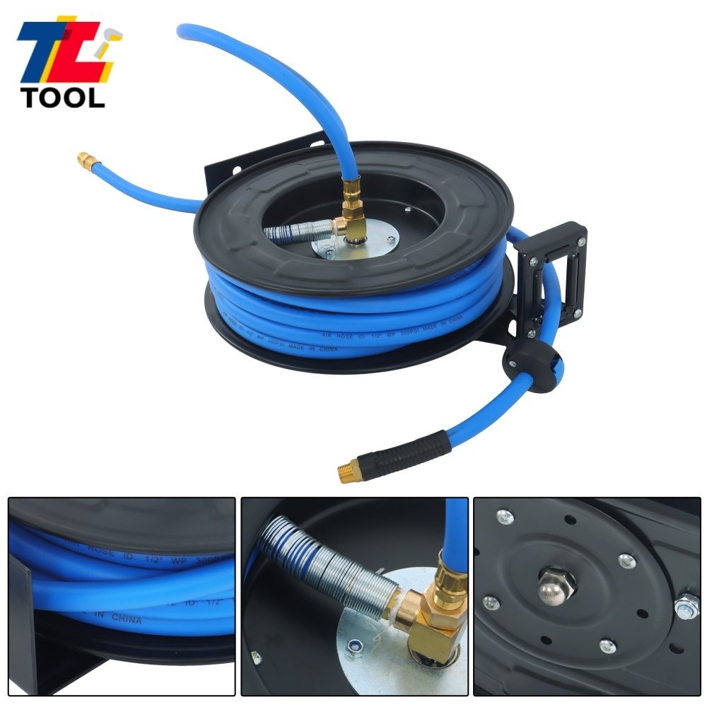 1/2in x 50ft Wall Mount Auto Rewind Retractable Reel 300PSI Flexible Hybrid Hose