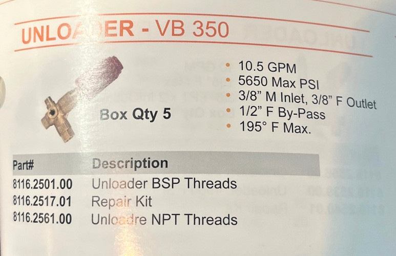 VB350 Pressure Washer Unloader Valve AR/Comet/Cat/North Star 10.5GPM 5650PSI