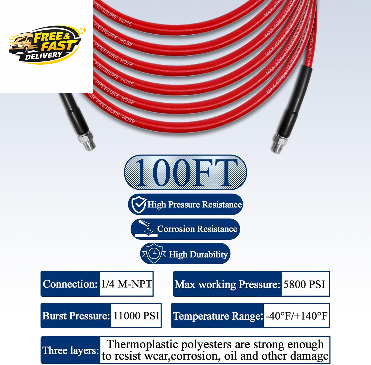 100FT Sewer Jetter Kit for Pressure Washer, 1/4”NPT Drain Cleaner Hose 5800PSI,