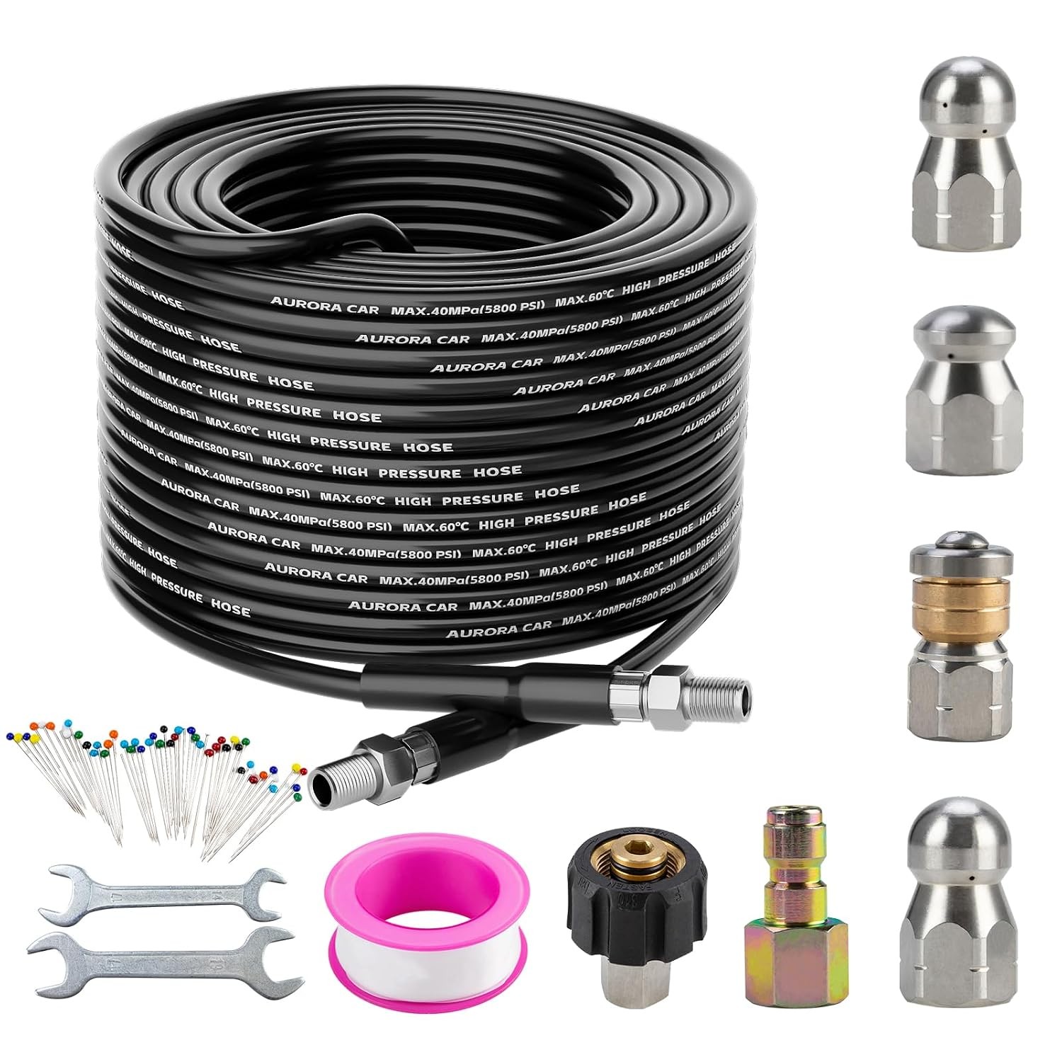 50FT 1/4 Inch NPT Corner Sewer Jetter Kit for Pressure Washer Drain Cleaner