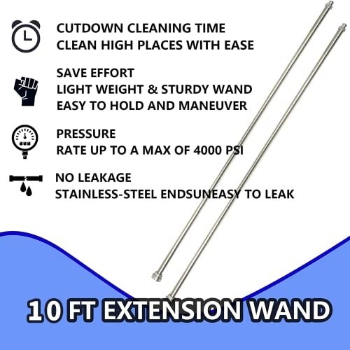 Hourleey Pressure Washer Extension Wand, 120 Inch (10ft) Stainless Steel with 1/
