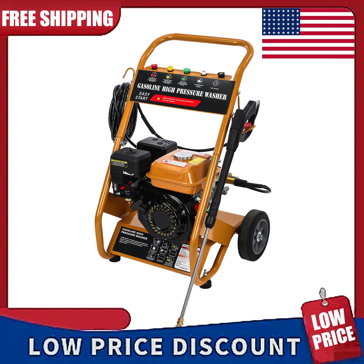 Gas Pressure Washer 3950 PSI 6.5HP 0.6L Oil Capacity 4-Stroke With 5 Nozzles