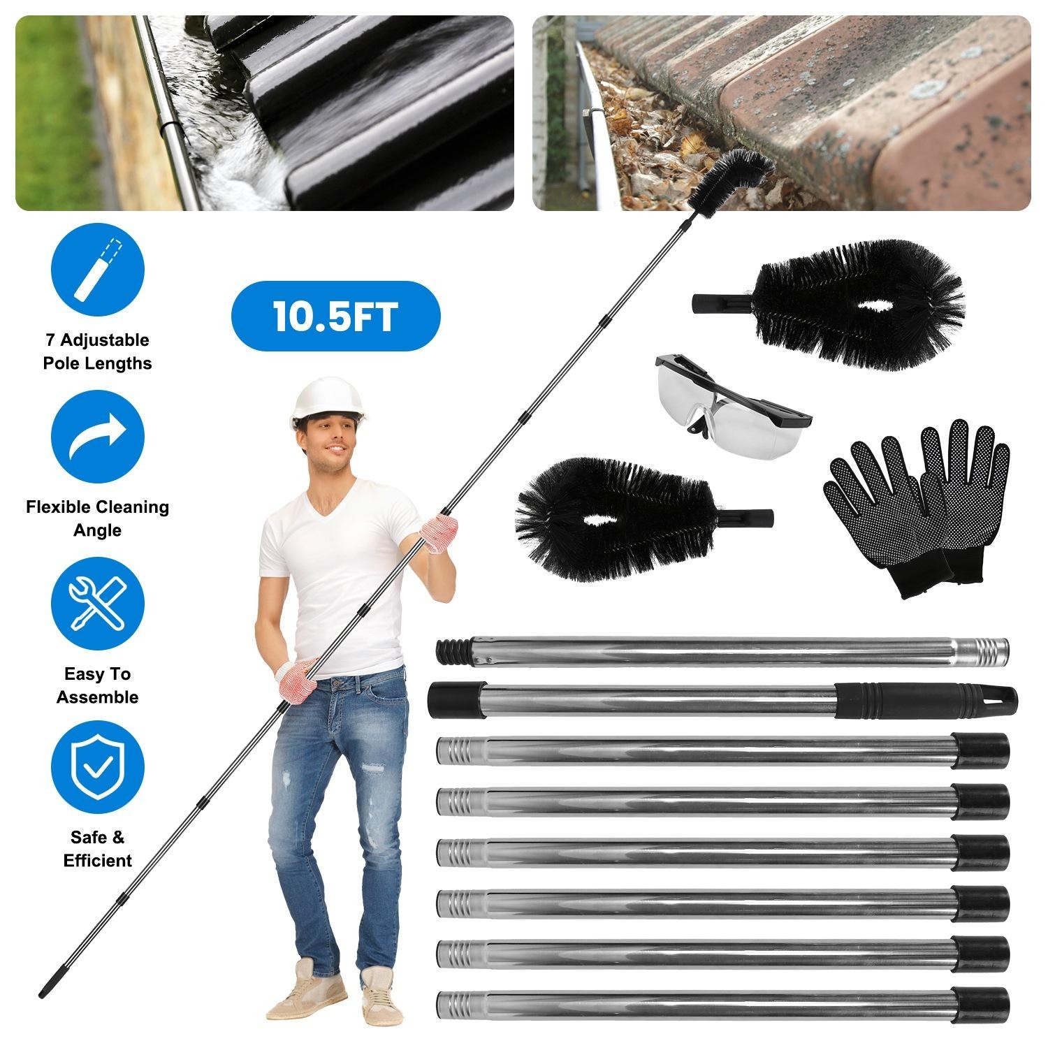 10.5FT Gutter Cleaning Brush w/ Telescoping Handle Rain Cleaner Extendable Tool