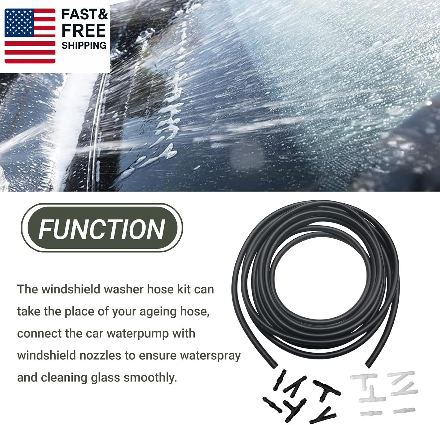 Windshield Washer Hose Kit, 5M Washer Fluid Hose with 12 Pcs Connectors, 2 Fan N