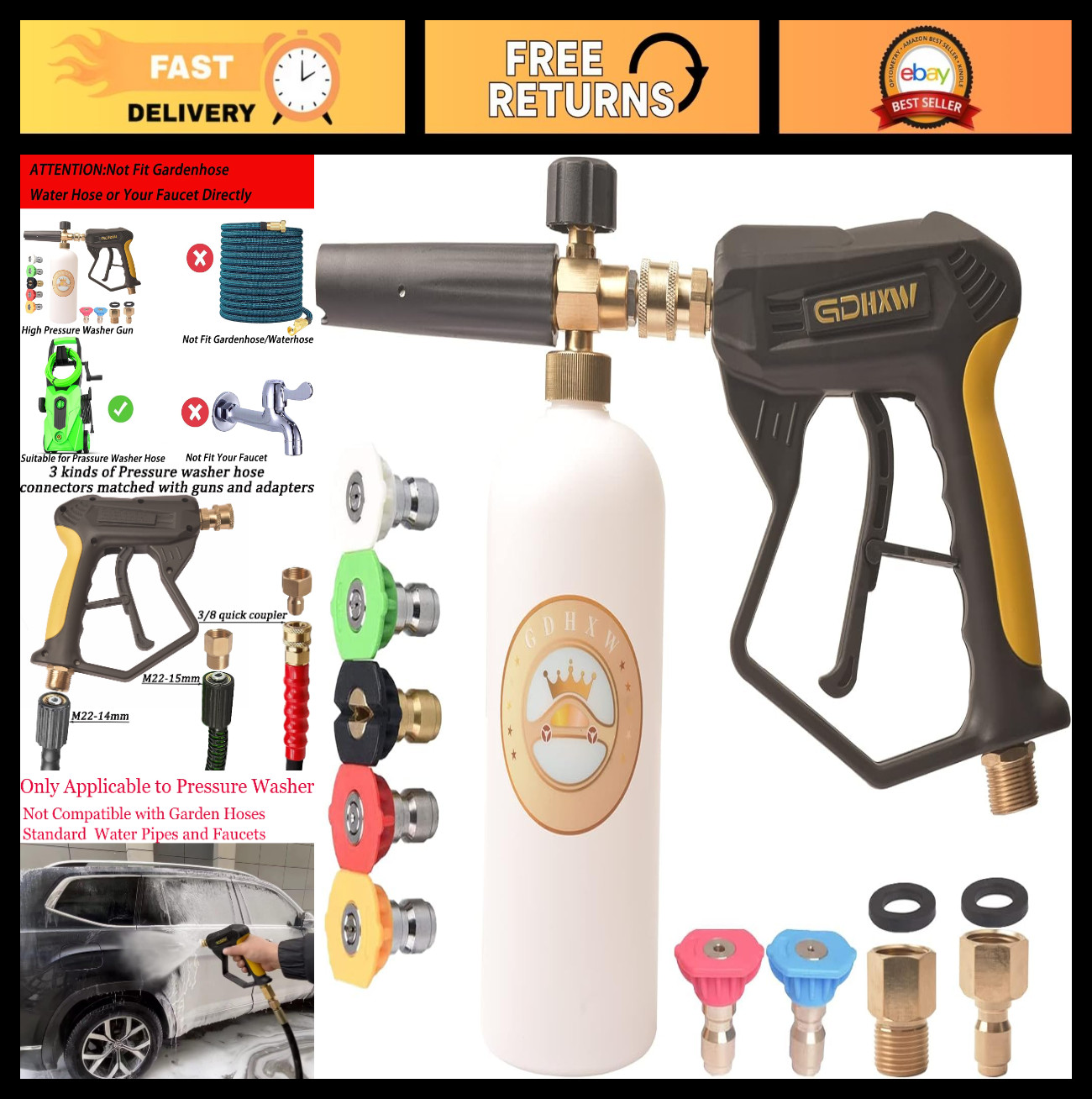 High Pressure Washer Gun with Foam Cannon, 7 Nozzles & 2 Adapters for Car Wash
