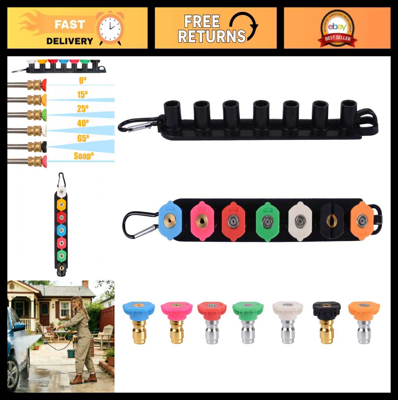 7 Pressure Washer Nozzle Tips Set – 1/4″ Quick Connect, 4000 PSI, Rinse Kit Acce