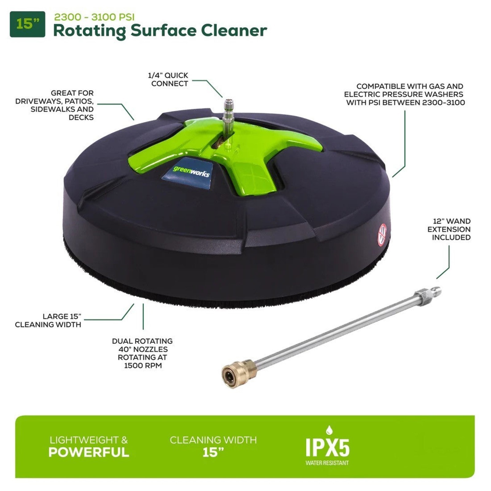 Greenworks 15 inch Rotating Surface Cleaner 3100 Psi + 12 inch Wand Extension