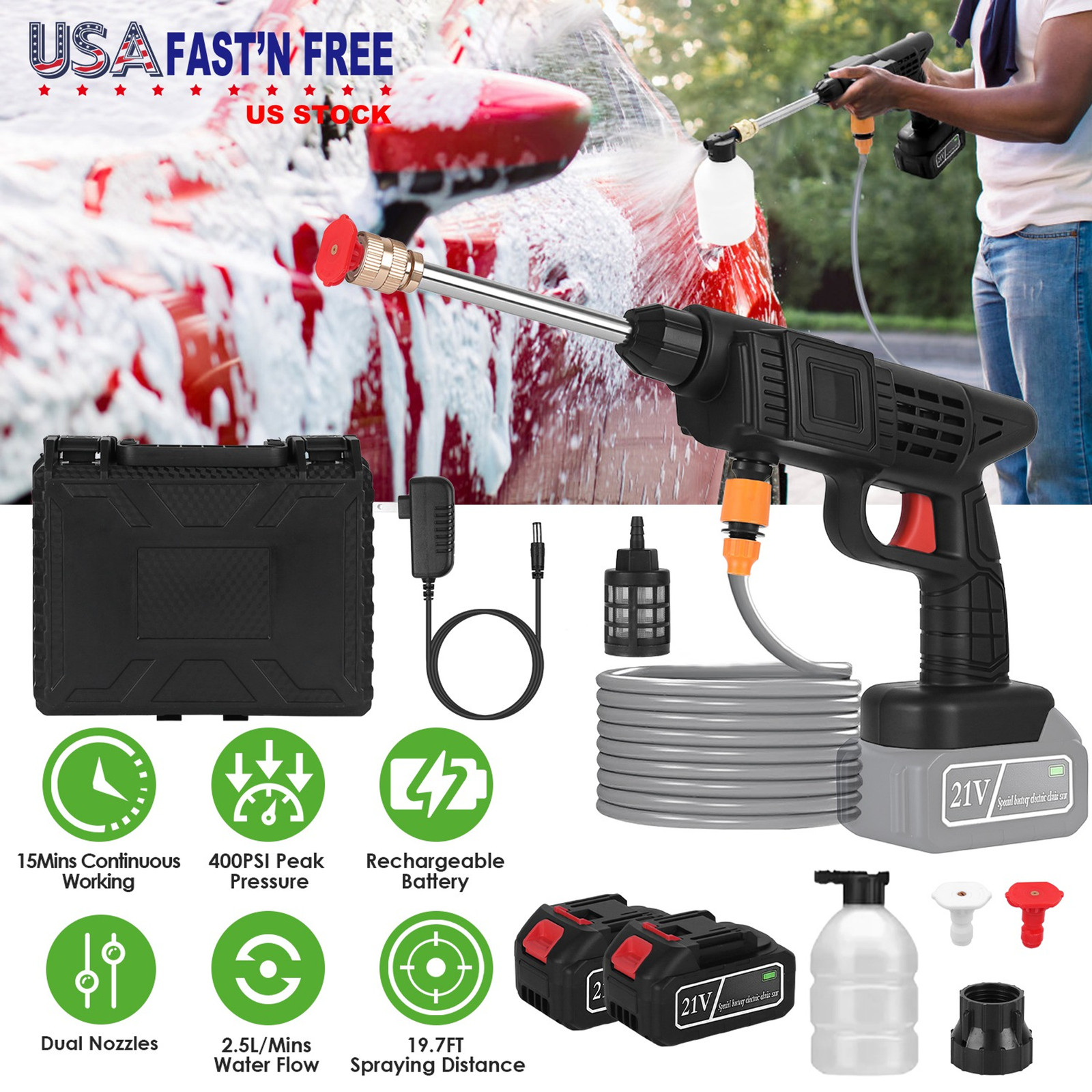 Cordless Pressure Washer Portable Electric Power Dual Nuzzal Fast Shipping