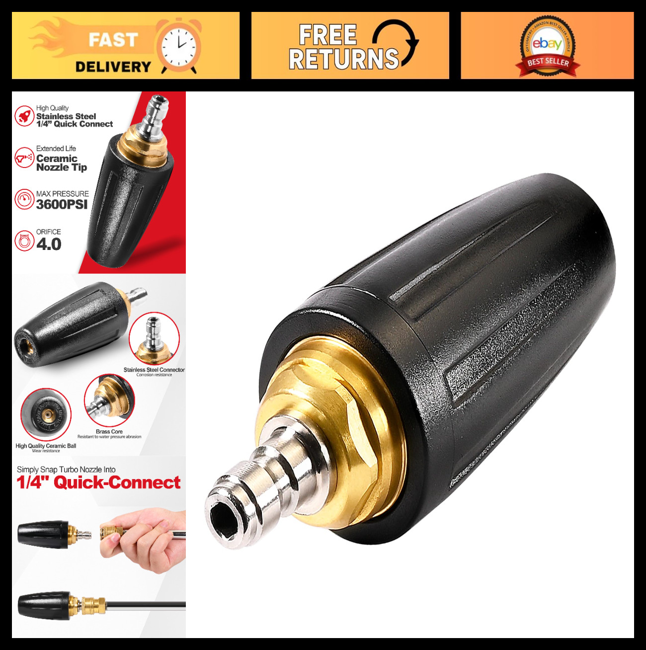 Turbo Nozzle Pressure Washer Tips – 360° Rotating Spray, 3600 PSI, 4.0 GPM, 1/4″