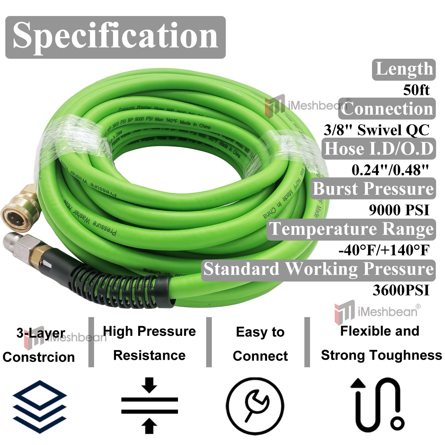 50FT 3600PSI Replacement High Pressure Power Washer Hose-3/8″ Swivel QC Flexible