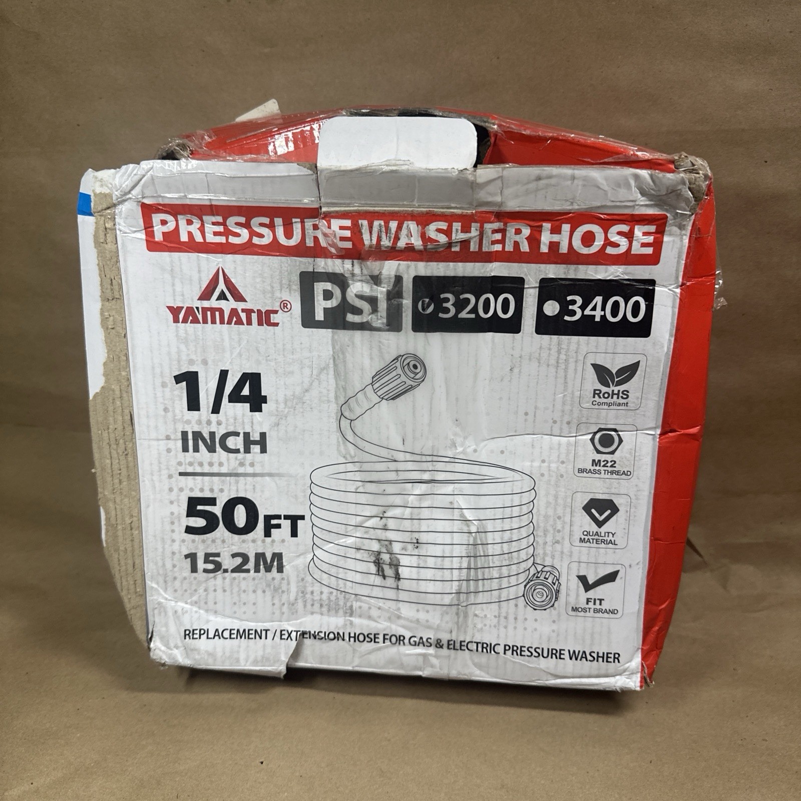 YAMATIC Pressure Washer Hose 3200 PSI 1/4″ M22-14mm Flexible Durable 50 Foot