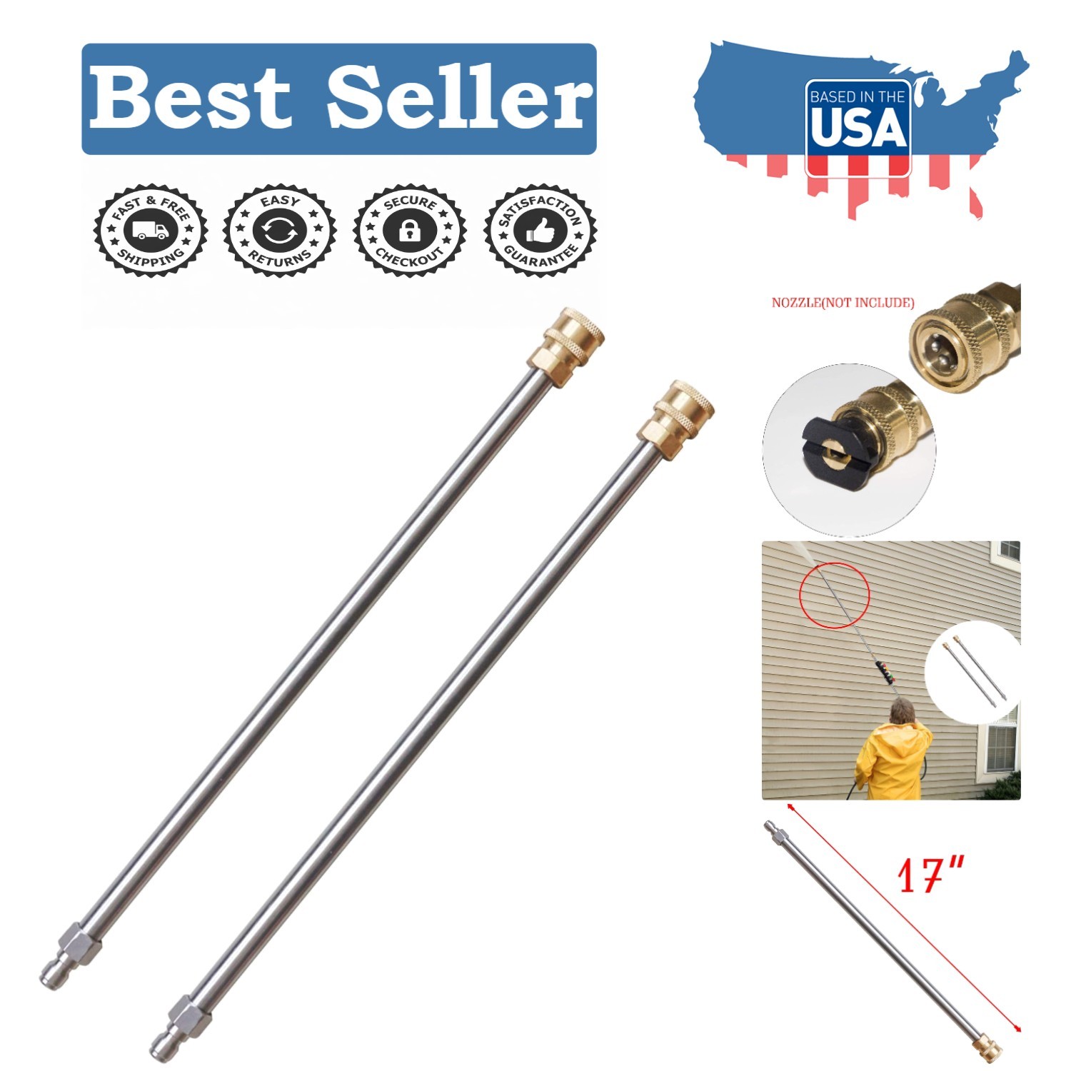 Stainless Steel Pressure Washer Extensions – 17″ Quick Connect, 2 Pack