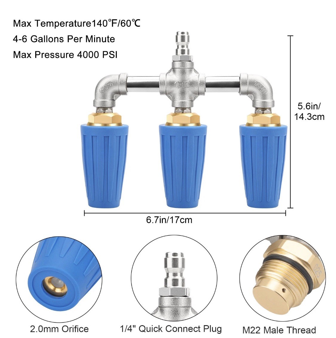 Triple Turbo Pressure Washer Nozzle 4000 PSI 1/4″ Quick Connect M22 Brass Head