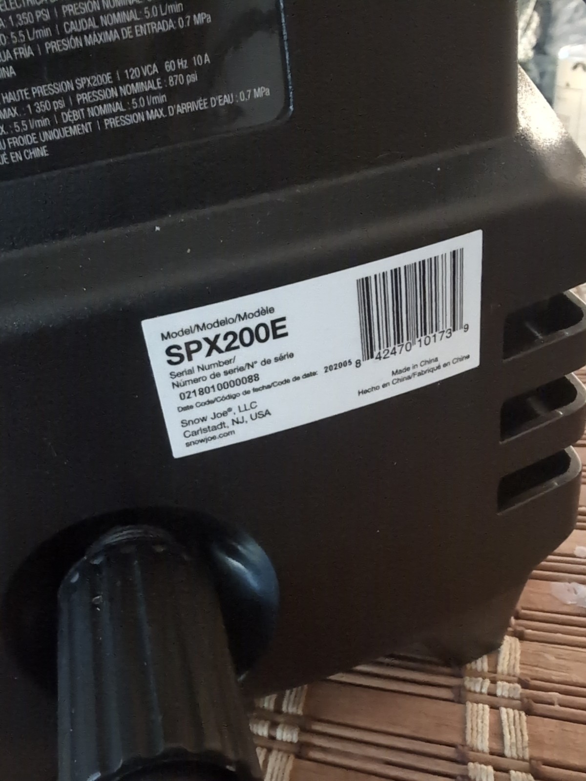 Sun Joe Electric Pressure Washer SPX 200e 120 Volt AC 60 HZ 10 Amp