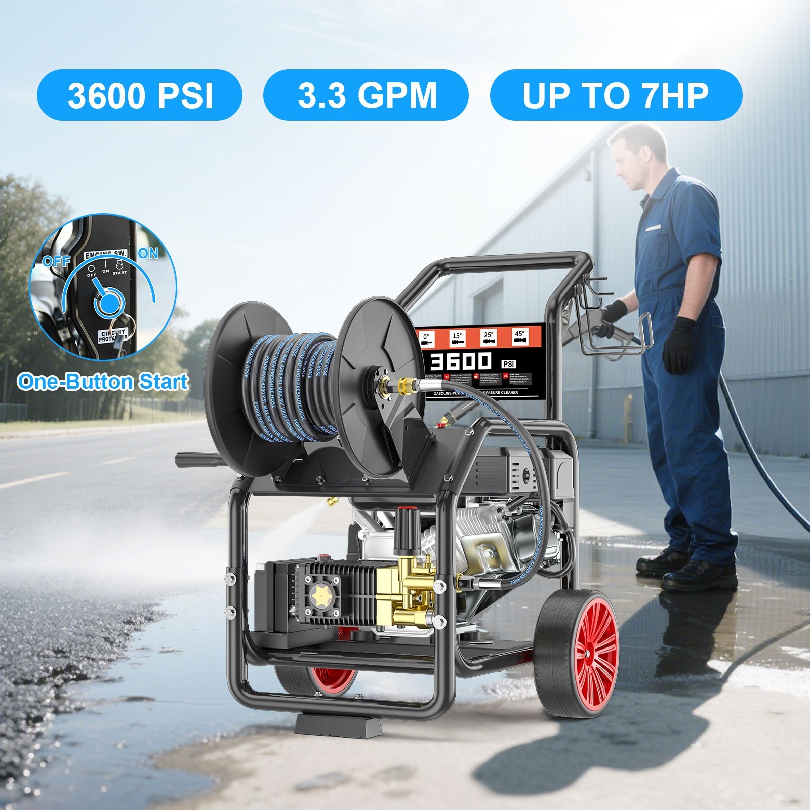 3.3 GPM 3600 PSI Gas Pressure Washer w/ Electric Start 50FT Hose 5 Nozzles Kit