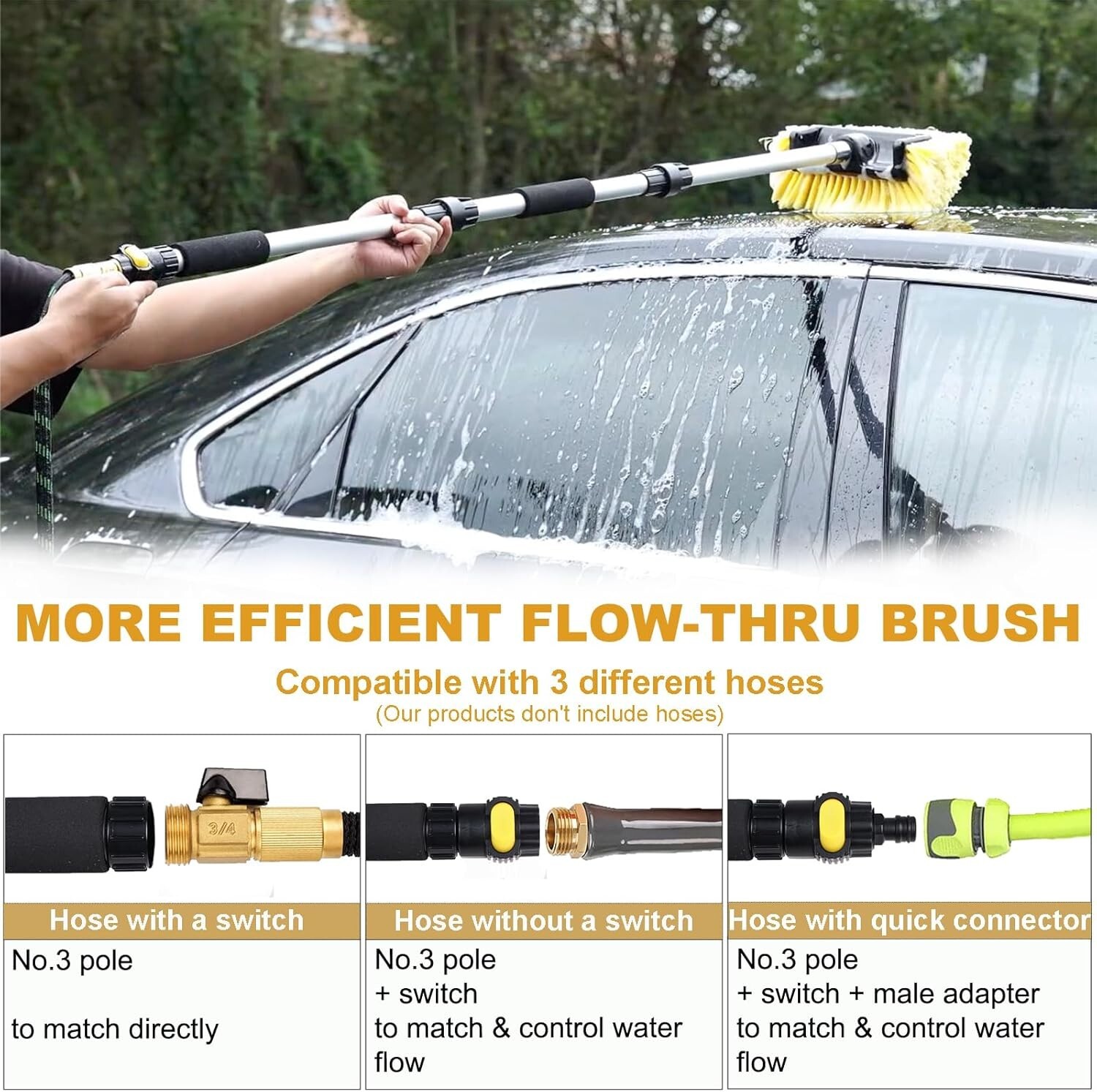 54″ Car Wash Brush with Long Handle, Flow-Thru Soft Bristle 54 inch, Yellow