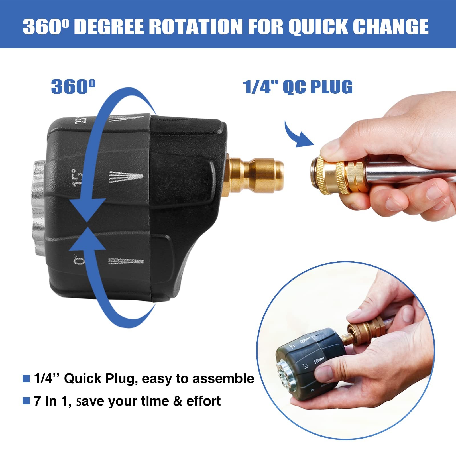 Pressure Washer Nozzle, 7-in-1 Quick Changeover Nozzle, Adjustable Pressure W…