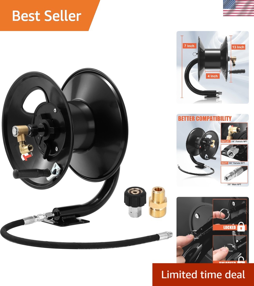 100 FT Stainless Steel Pressure Washer Hose Reel – 4000 PSI Compatible
