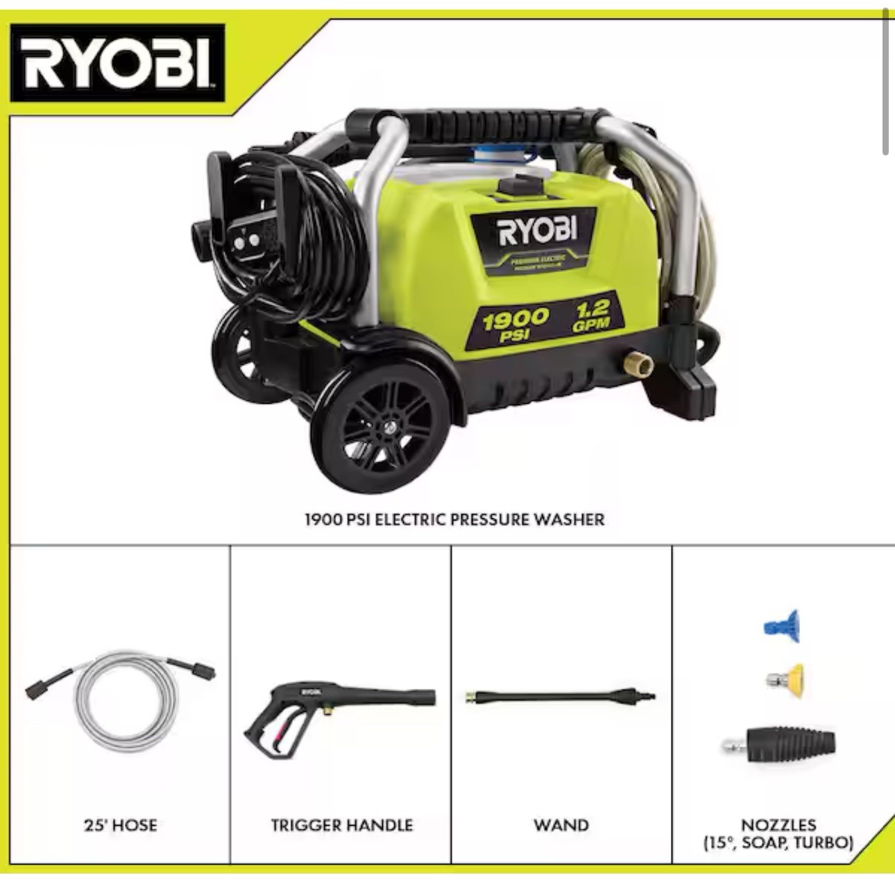 RYOBI 1900 PSI 1.2 GPM ELECTRIC PRESSURE WASHER RY1419MT -OPEN BOX-