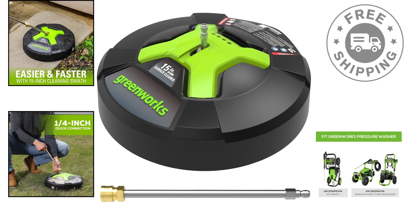 Versatile 15″ Green Surface Cleaner for Driveways, Patios, Decks | 3100 PSI