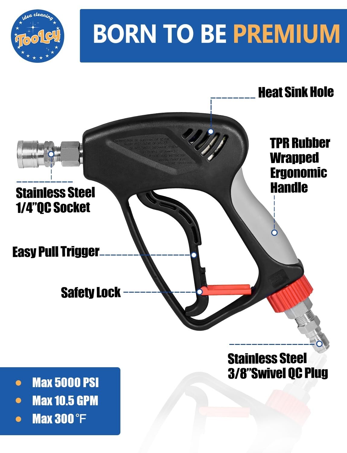 TOOLCY 5000 PSI Car Washer Gun Pressure Washer Gun 3/8″ Plug for Hot Water