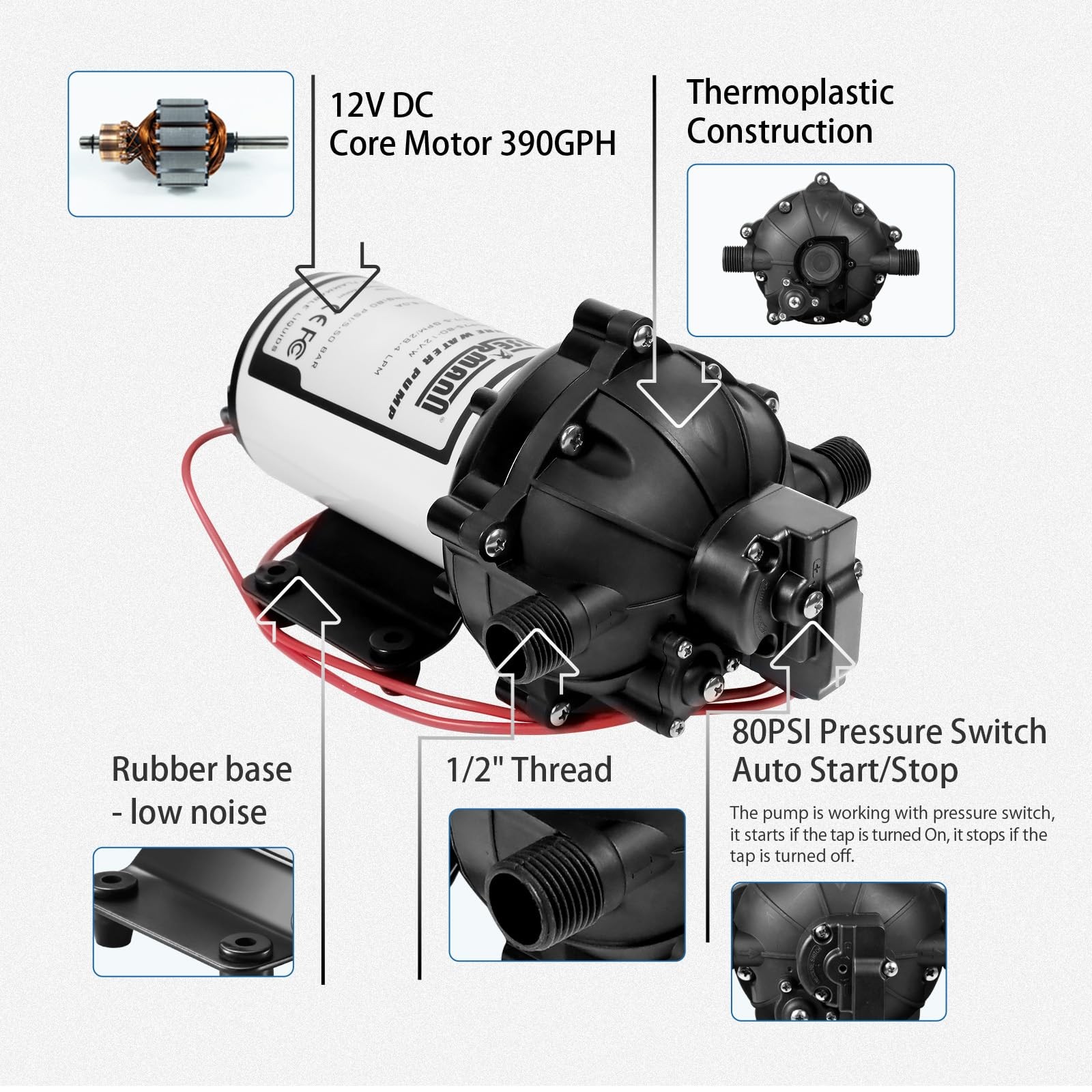 12V DC Washdown Pump Kit, 7.5GPM 80PSI, 5-Chamber Self-Priming Diaphragm Pump…