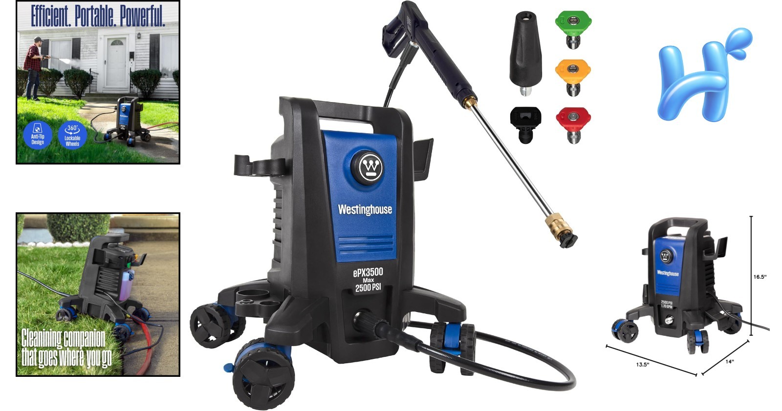 ePX3500 Electric Pressure Washer – 2500 PSI, Onboard Soap Tank & 5-Nozzle Set