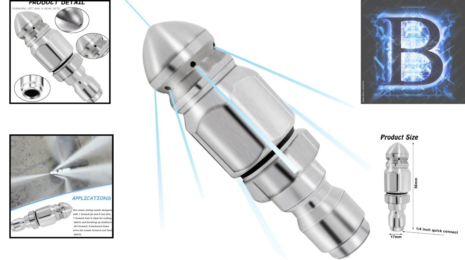 High-Performance Stainless Steel Sewer Jet Nozzle – 1/4″ Quick Connect & Durable
