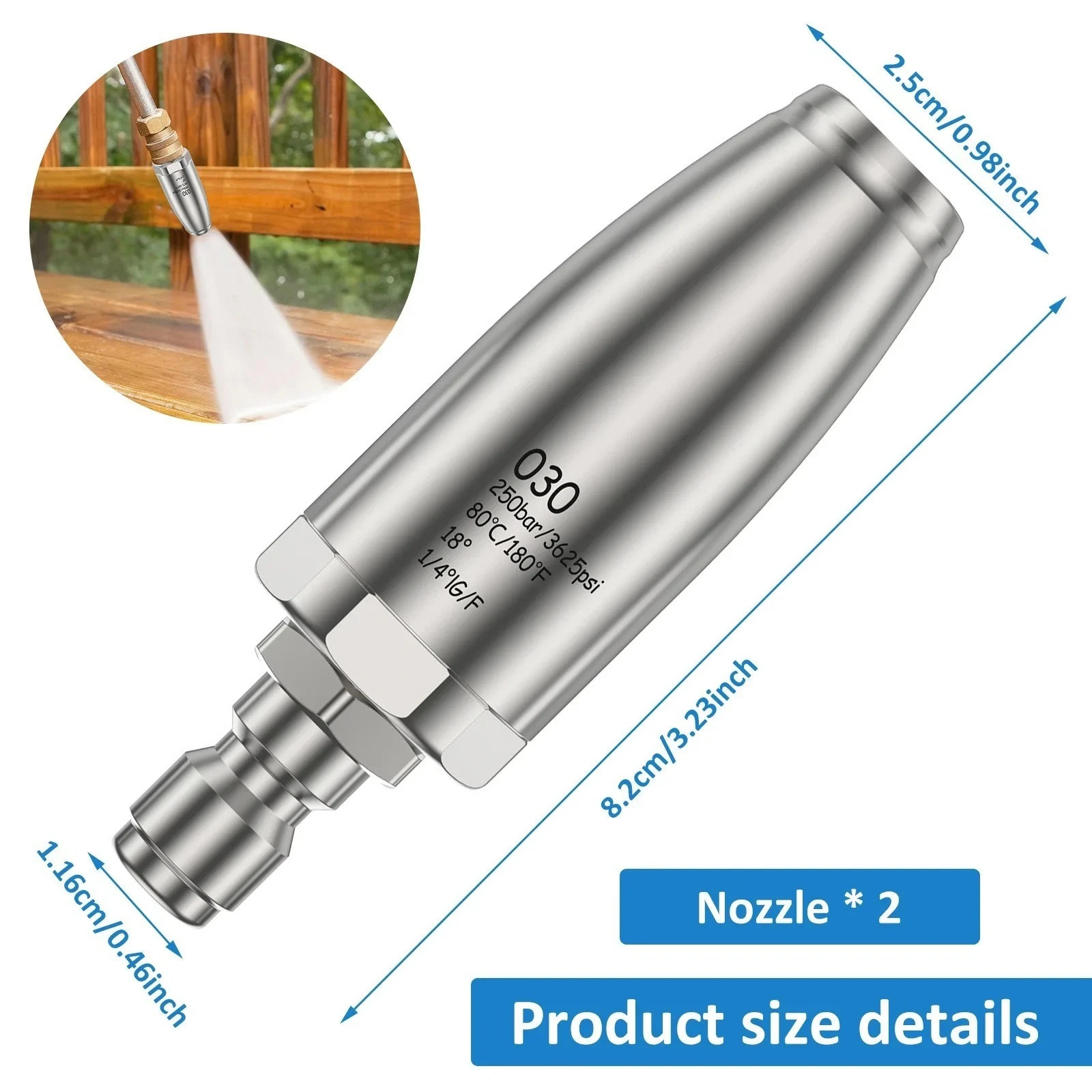 High Pressure Washer 3600PSI Rotating Turbo Nozzle Spray Tip 3.0 GPM 1/4” Quick