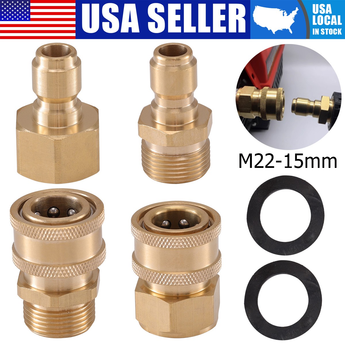 4Pc Pressure Washer Adapter Set Quick Disconnect Kit M22 Swivel to 3/8” Connect
