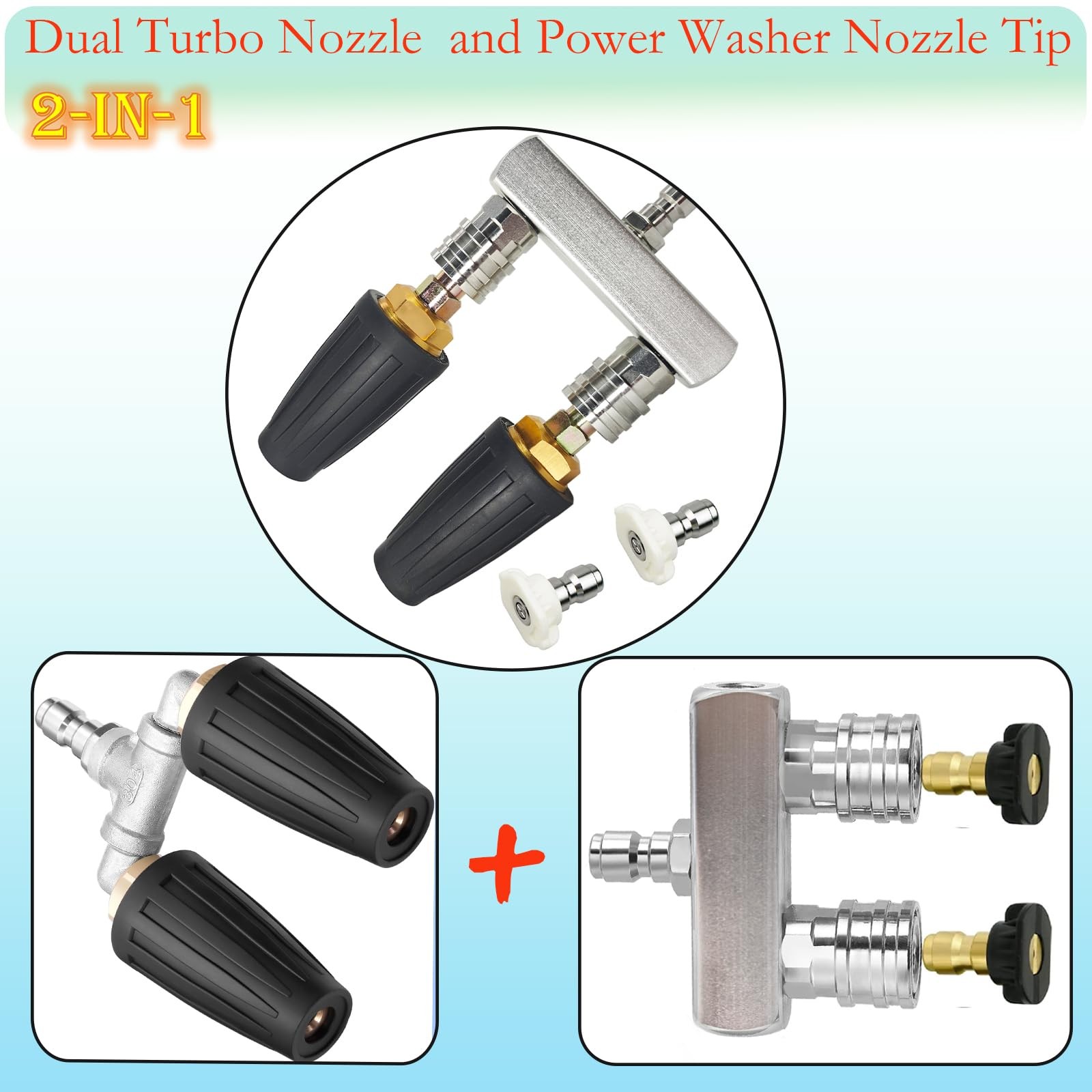 Dual Turbo Nozzle Pressure Washer Tips 2 In 1 With 2 PCS 360 Rotating Tool