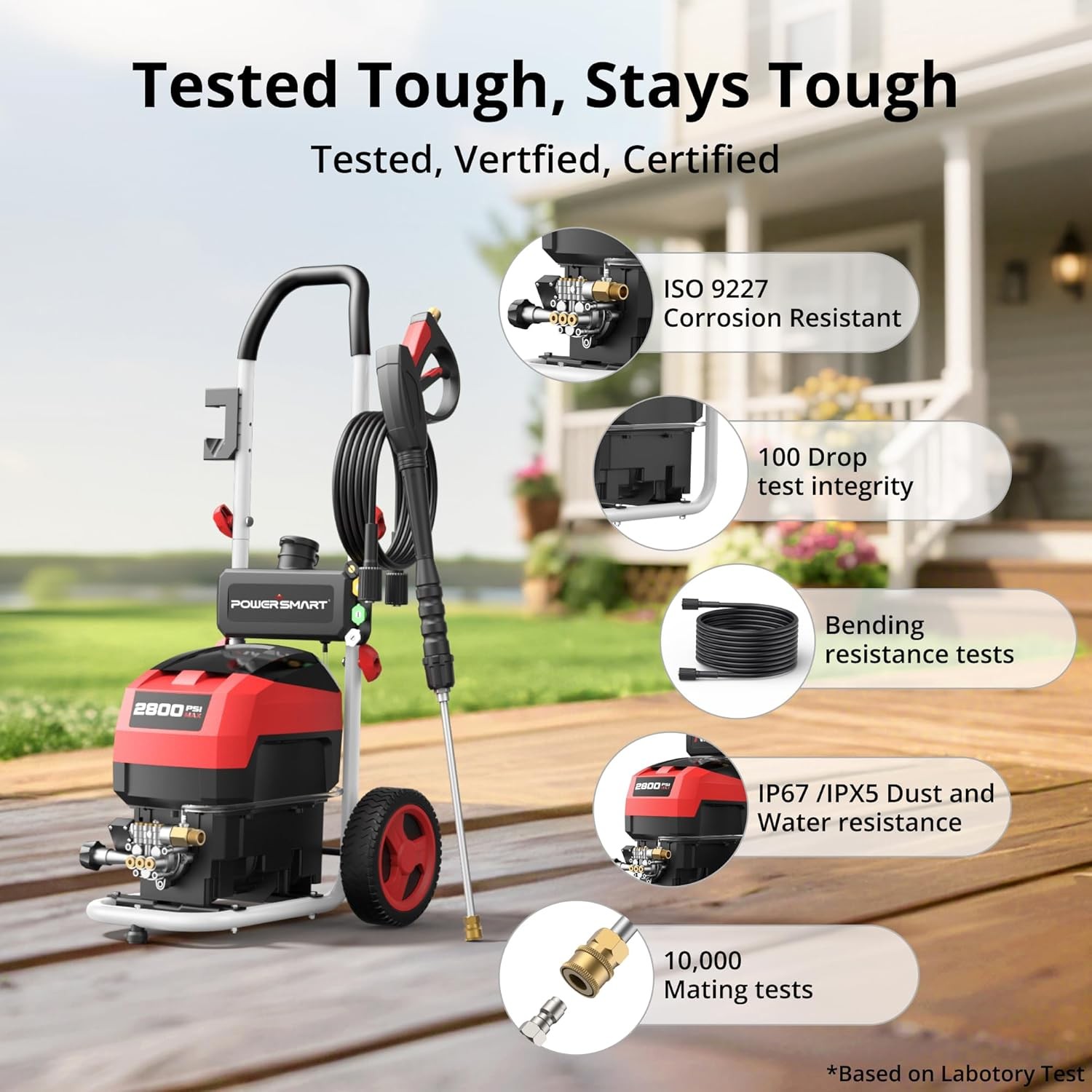 Electric Pressure Washer 2800 PSI Max 2.0 GPM 8″ Wheels 5 Spray Tips and 1.5L