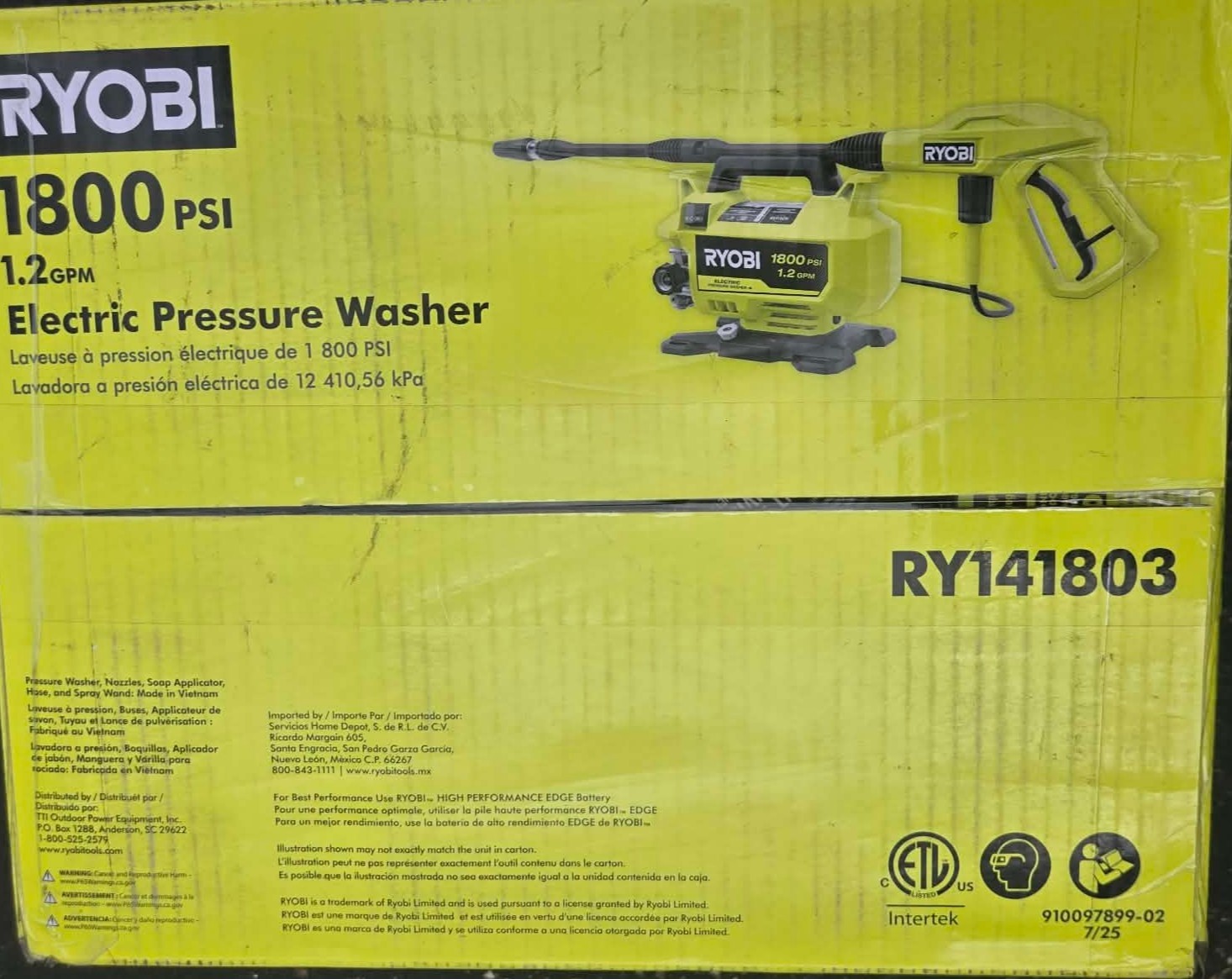 RYOBI RY141803 1800 PSI 1.2 GPM Electric Pressure Washer NEW