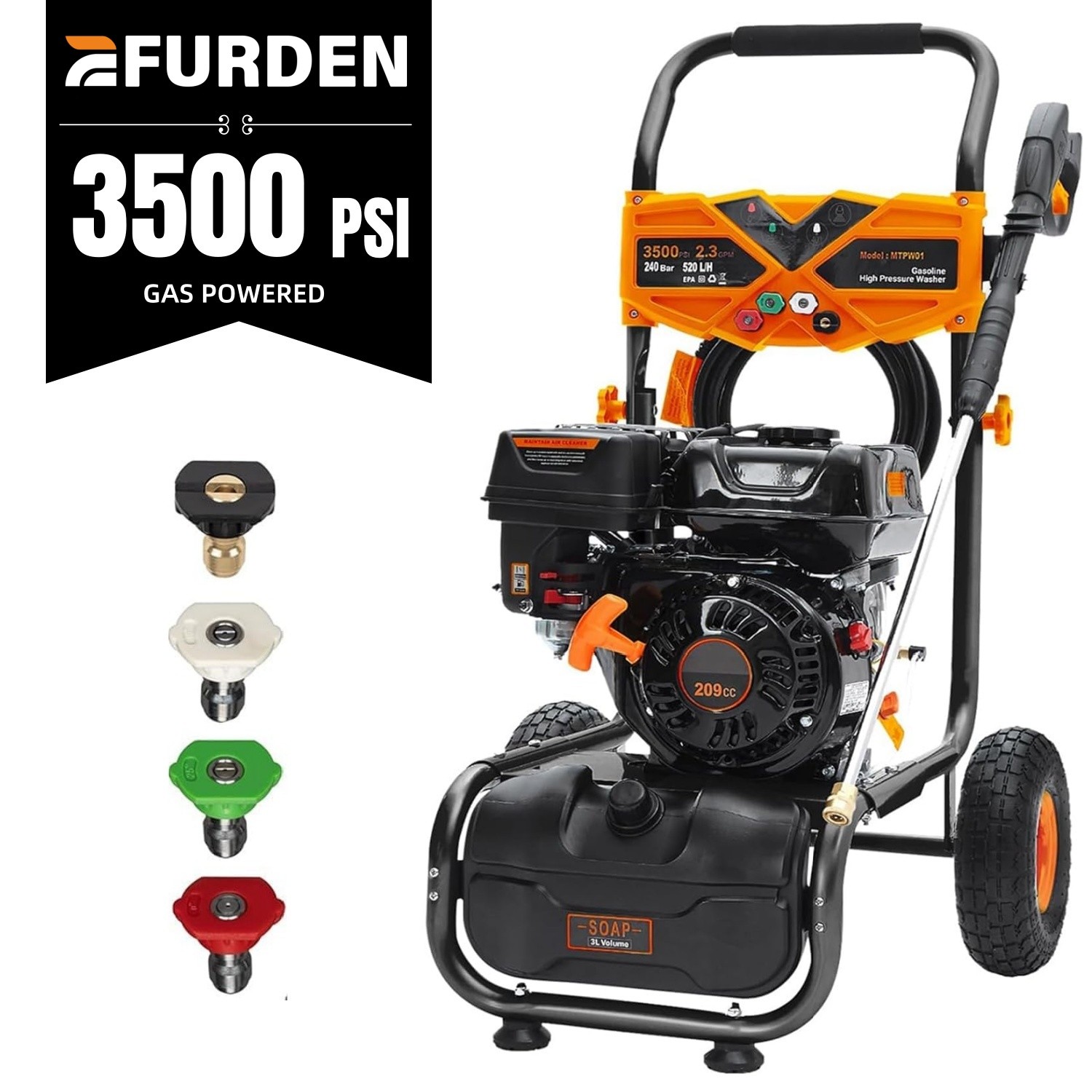 Efurden 3500PSI Gas Pressure Washer 2.3GPM Gas Powered Washer 25 Feet&Soap Tank