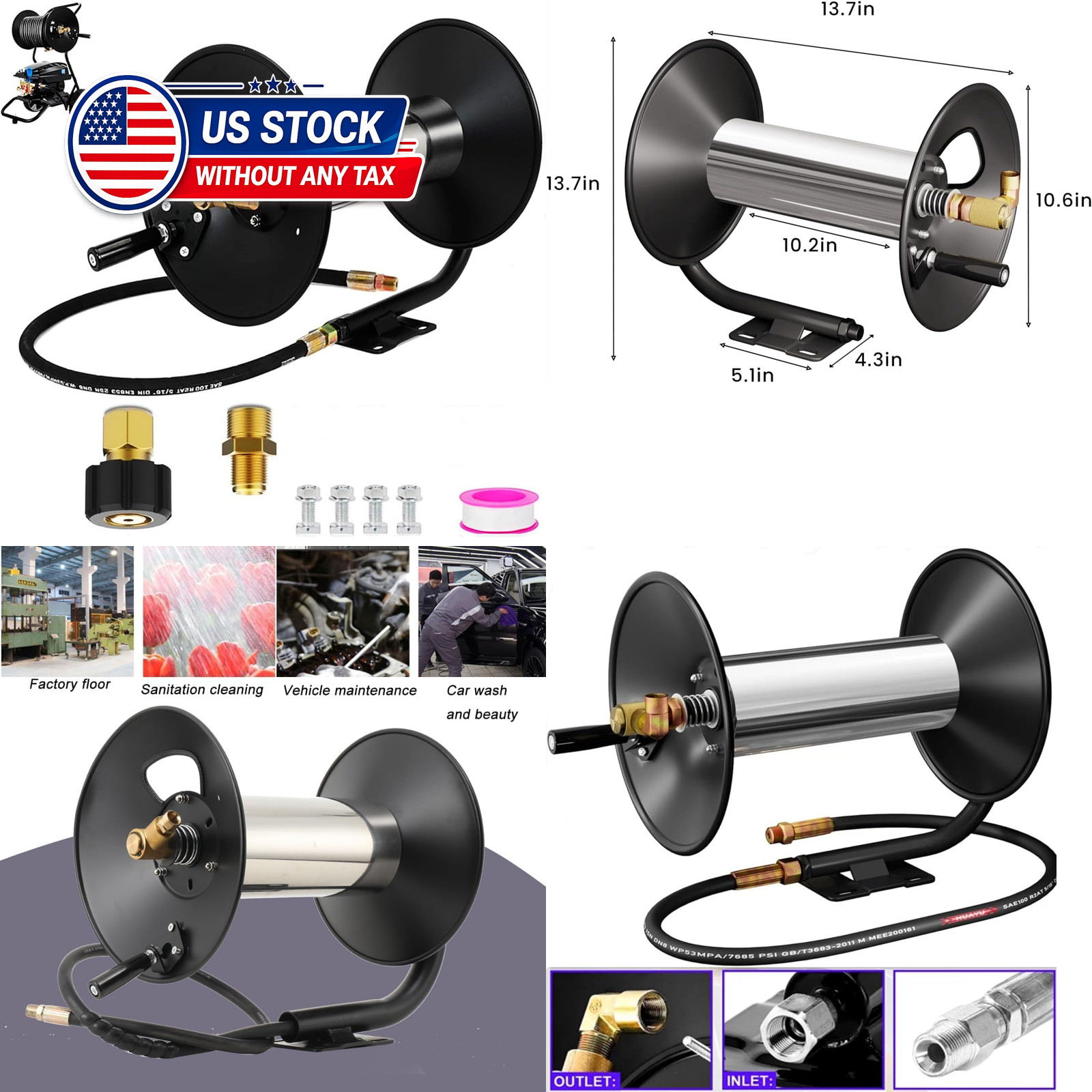 Pressure Washer Hose Reel，100FT Power Washer Hose Reel 3/8″ NPT Outlet Pipe