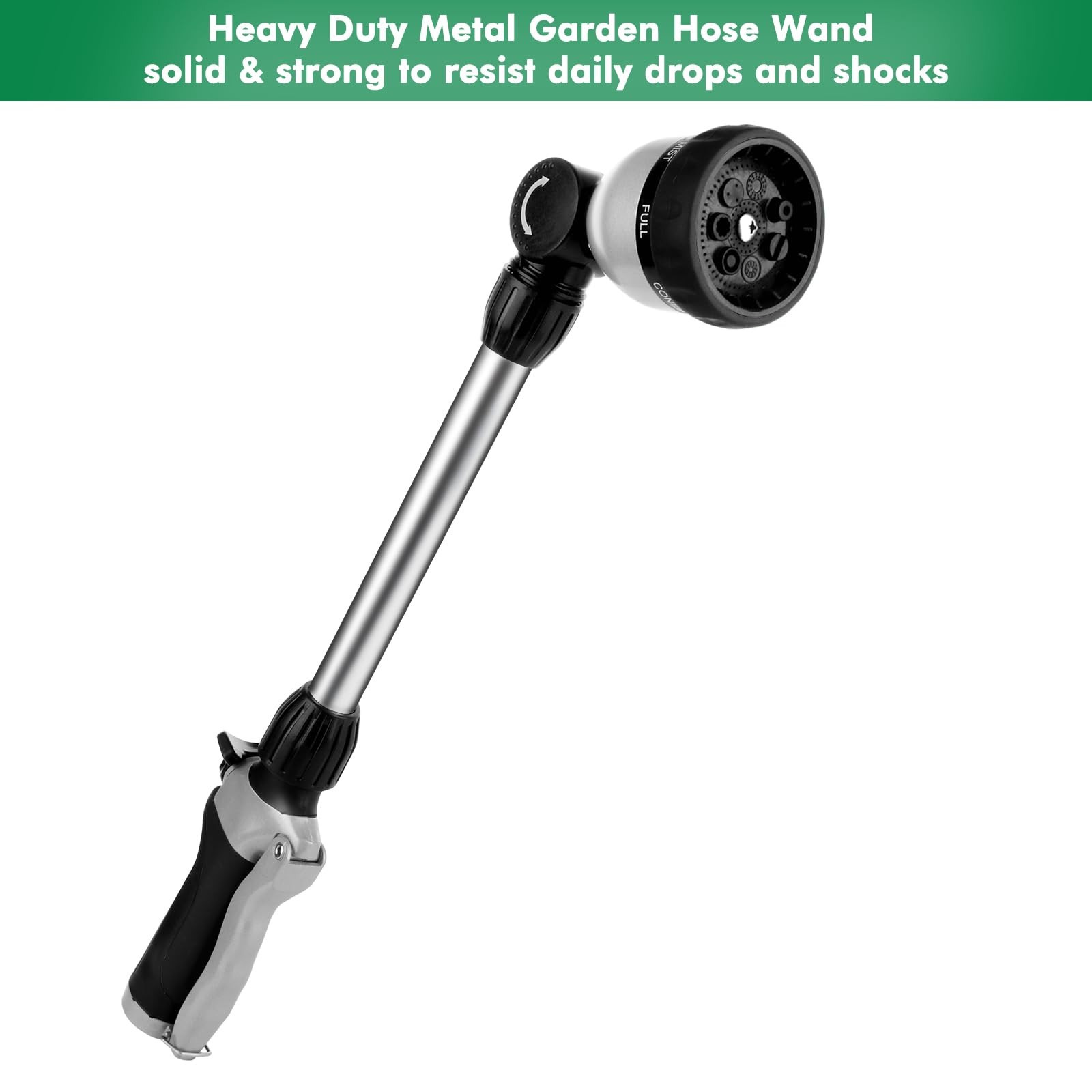 Metal Watering Wand, Heavy Duty Garden Hose Wand with 180° Swivel Ratcheting Hea