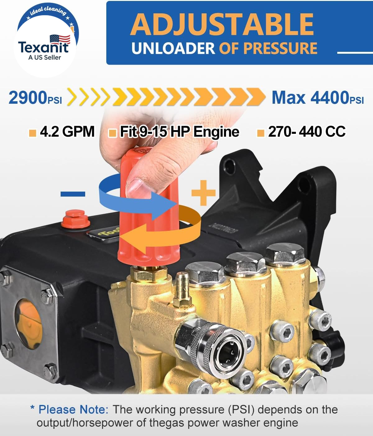 Pressure Washer Pump Max 4400 PSI 4.2 GPM, 1″ Shaft Horizontal Gas Power Washer