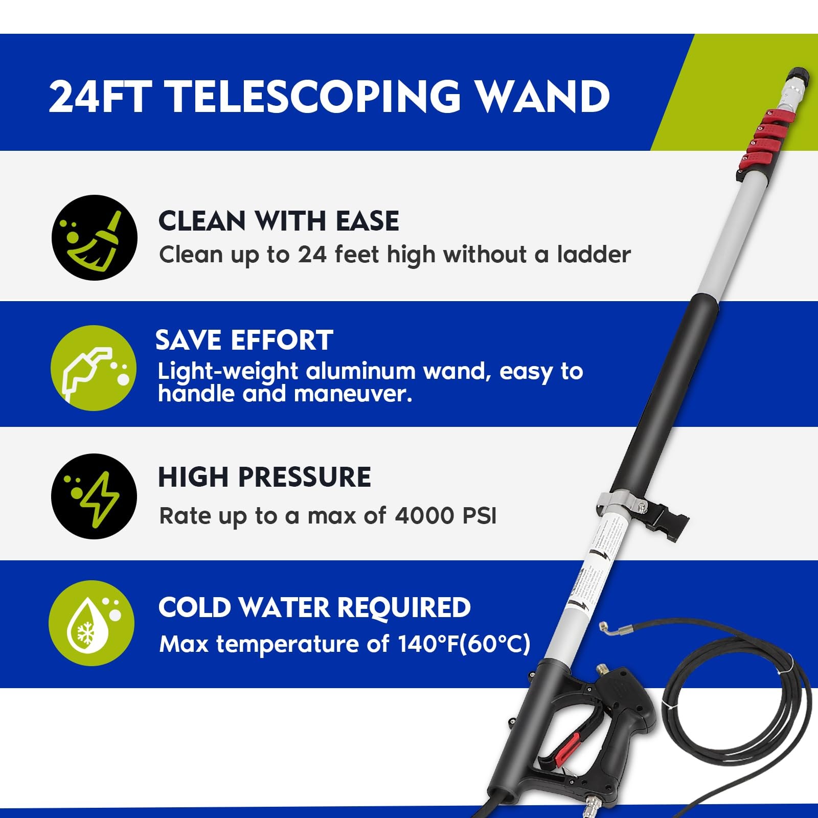 24FT Telescoping Pressure Washer Wand, Power Extension Sprayer with 7 Spray N…