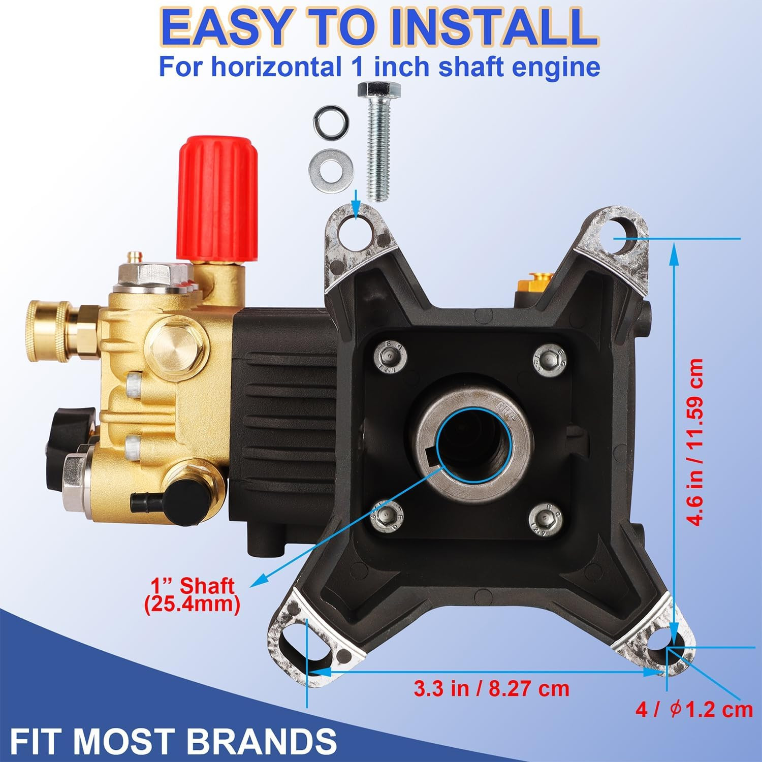 Biswing Pressure Washer Pump, 1″ Shaft Horizontal Triplex Plunger, 4400 PSI Max,