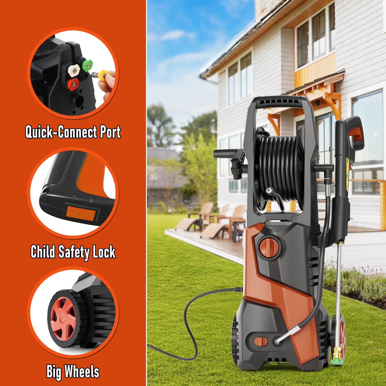 Pressure Washer 4200PSI 2.5GPM, Retractable Hose Reel, 4 Nozzle Tips, for Yard