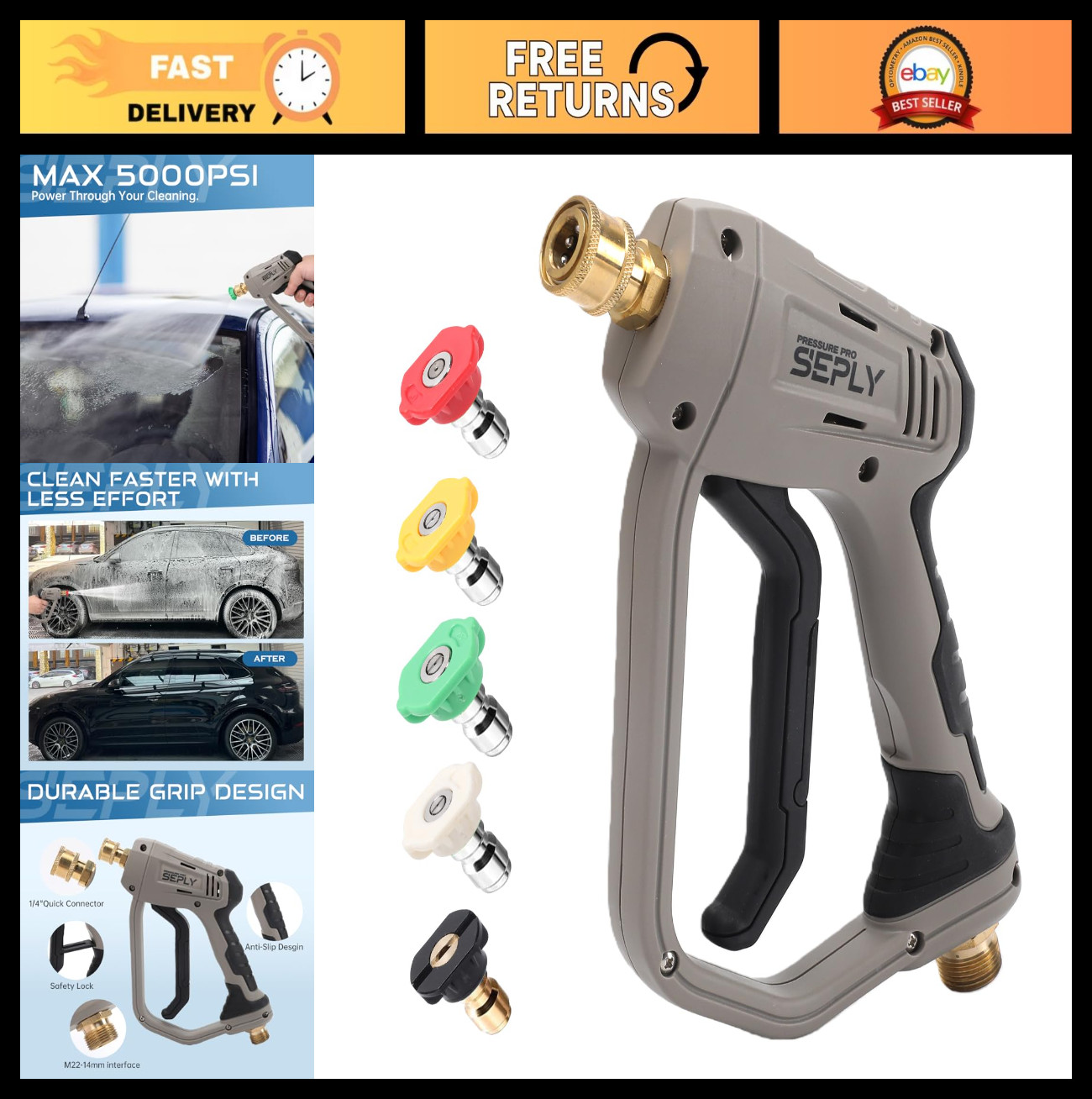 High-Pressure Washer Gun 5000 PSI, 5 Nozzle Tips, M22-14mm, Ergonomic Handle for
