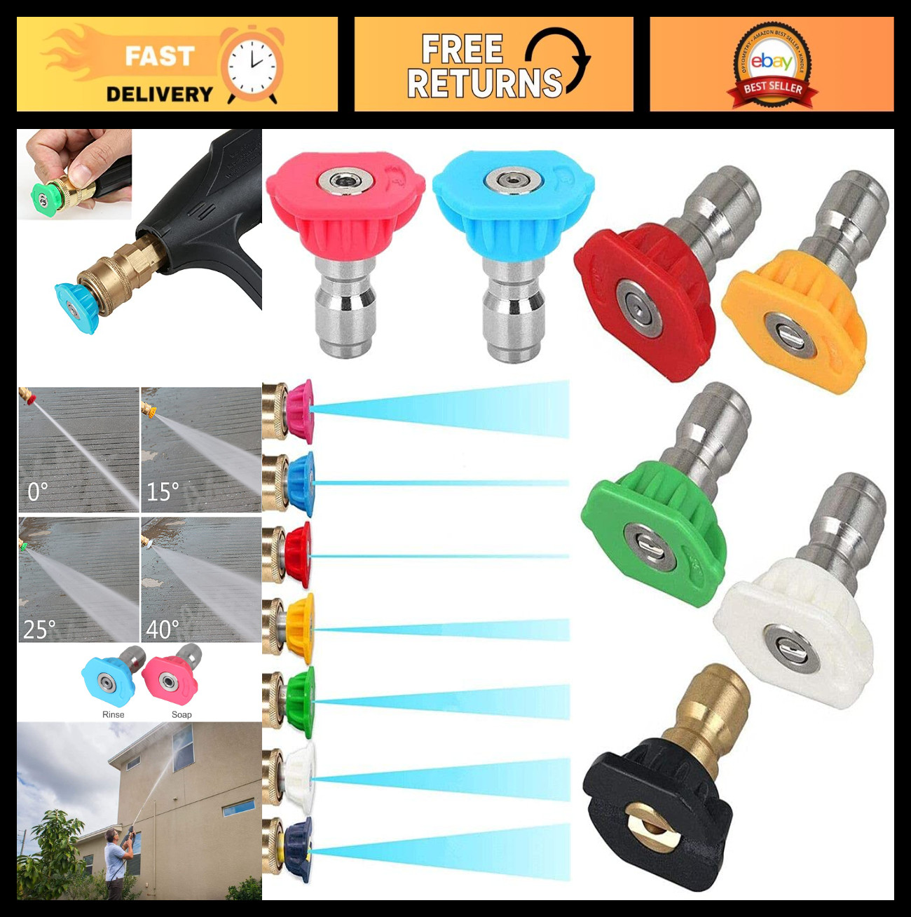 7-Piece Pressure Washer Nozzle Tips Set – 1/4″ Quick Connect, 4500 PSI, 2.5 GPM