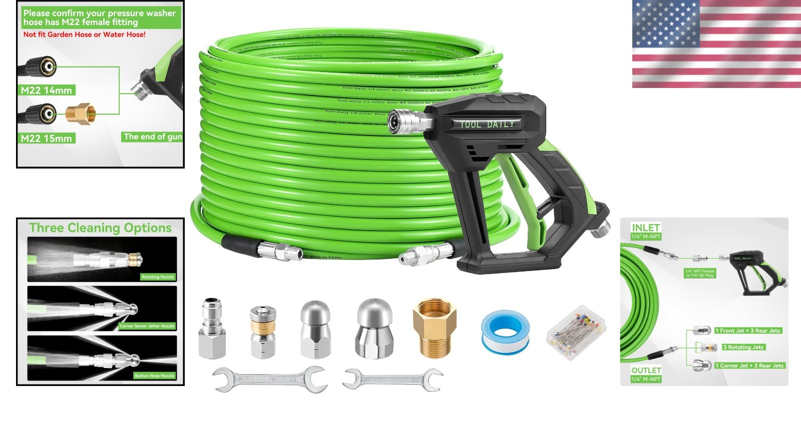 Professional Sewer Jetter Kit for Pressure Washer, 100 FT, 3600 PSI