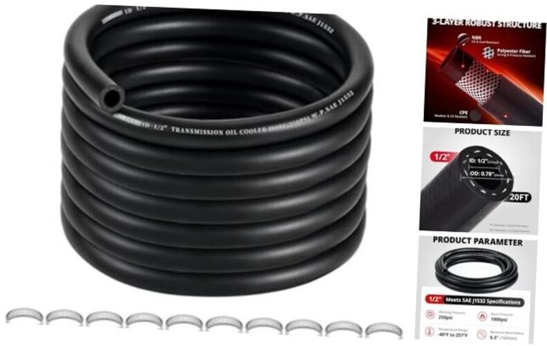 1/2″ Transmission Cooler Hose 20FT, SAE J1532 250 PSI Power Steering 1/2 20FT
